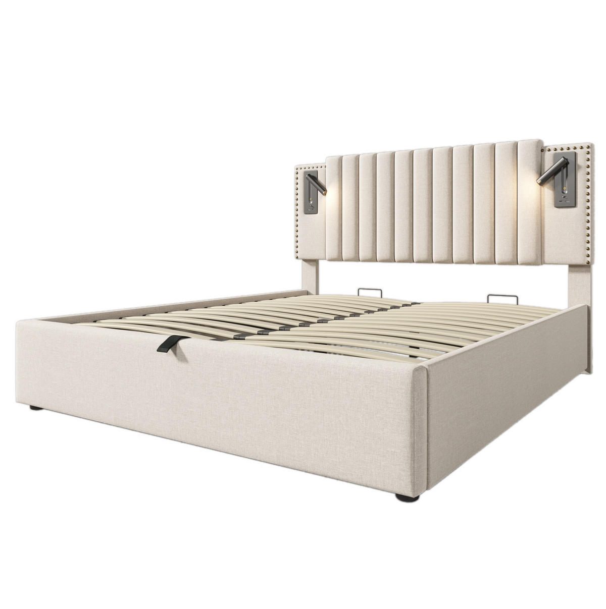 POLSTERBETT 180/200 cm in Beige mit Stauraum, Leselicht und USB/Type-C - Beige, Textil (180/200cm) - Flora Grace