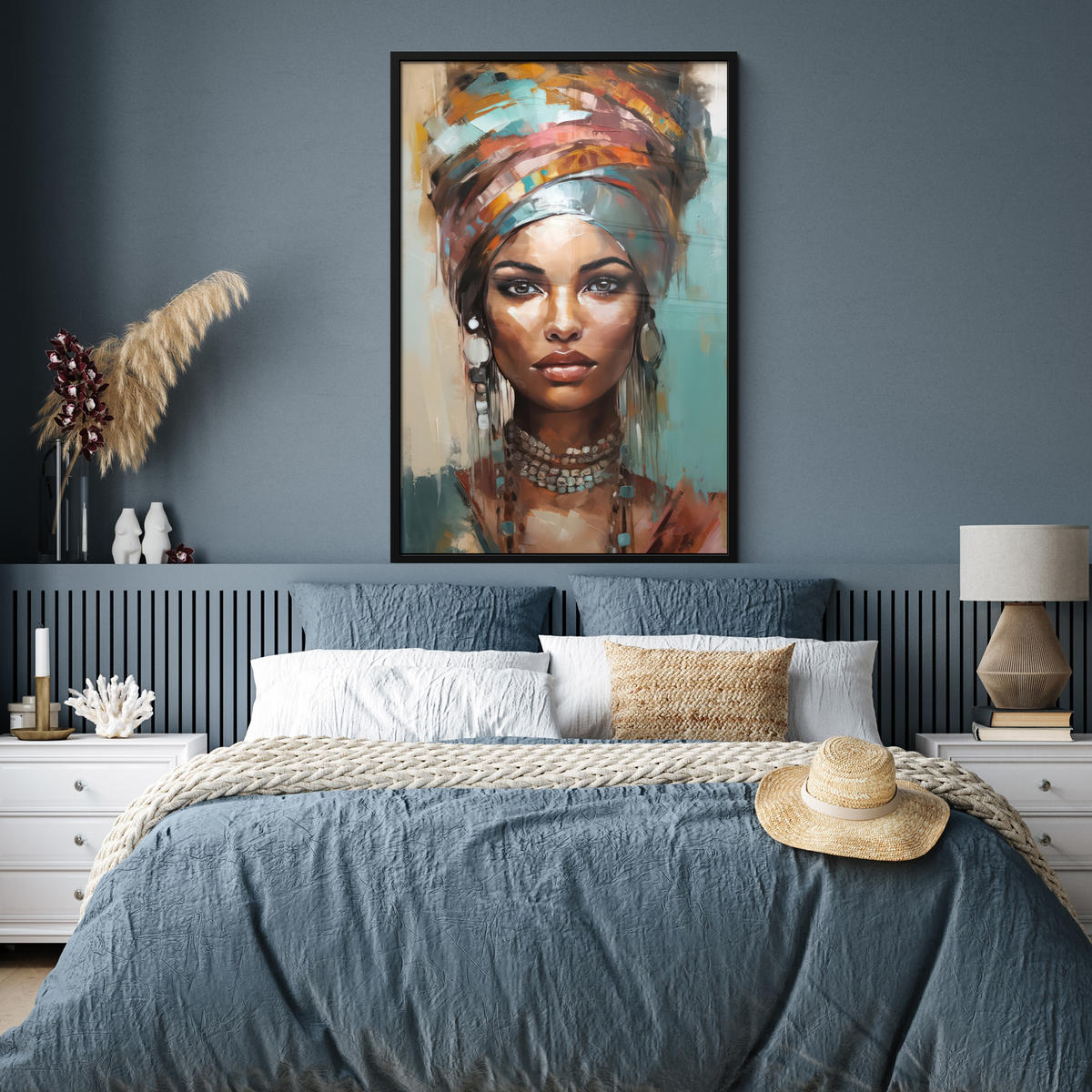 GERAHMTES BILD Frau - Kunst - Schmuck - Porträt 80x120 cm - Blaugrau, Papier (80/120cm) - MuchoWow