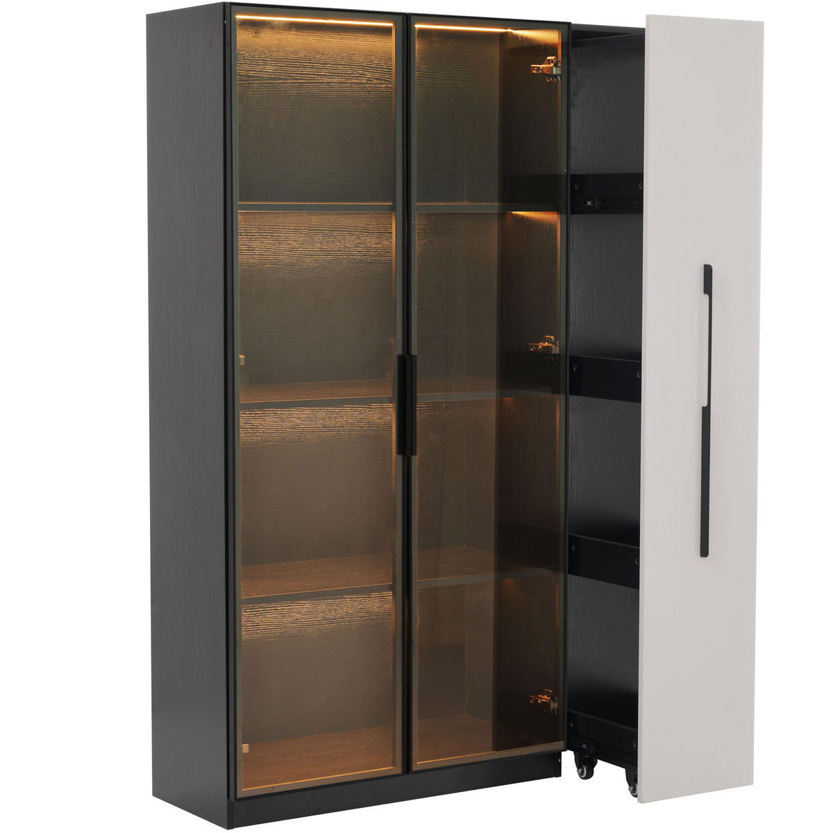 VITRINE 110,5/35/160 cm schwarz/weiß aus MDF und Glas mit LED und Seitenauszug - Schwarz, Holzwerkstoff (110.5/160/35cm) - OKWISH
