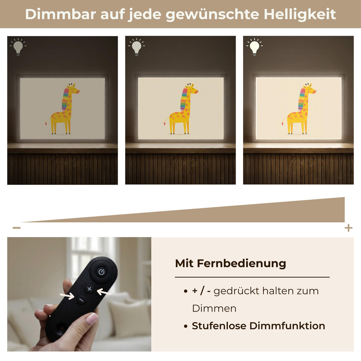 NÁSTĚNNÁ LAMPA S AKUMULÁTOREM Žirafa - Duhová hříva - béžová 40x30 cm - béžová, kompozitní dřevo (40/30/8cm) - OnlyWow
