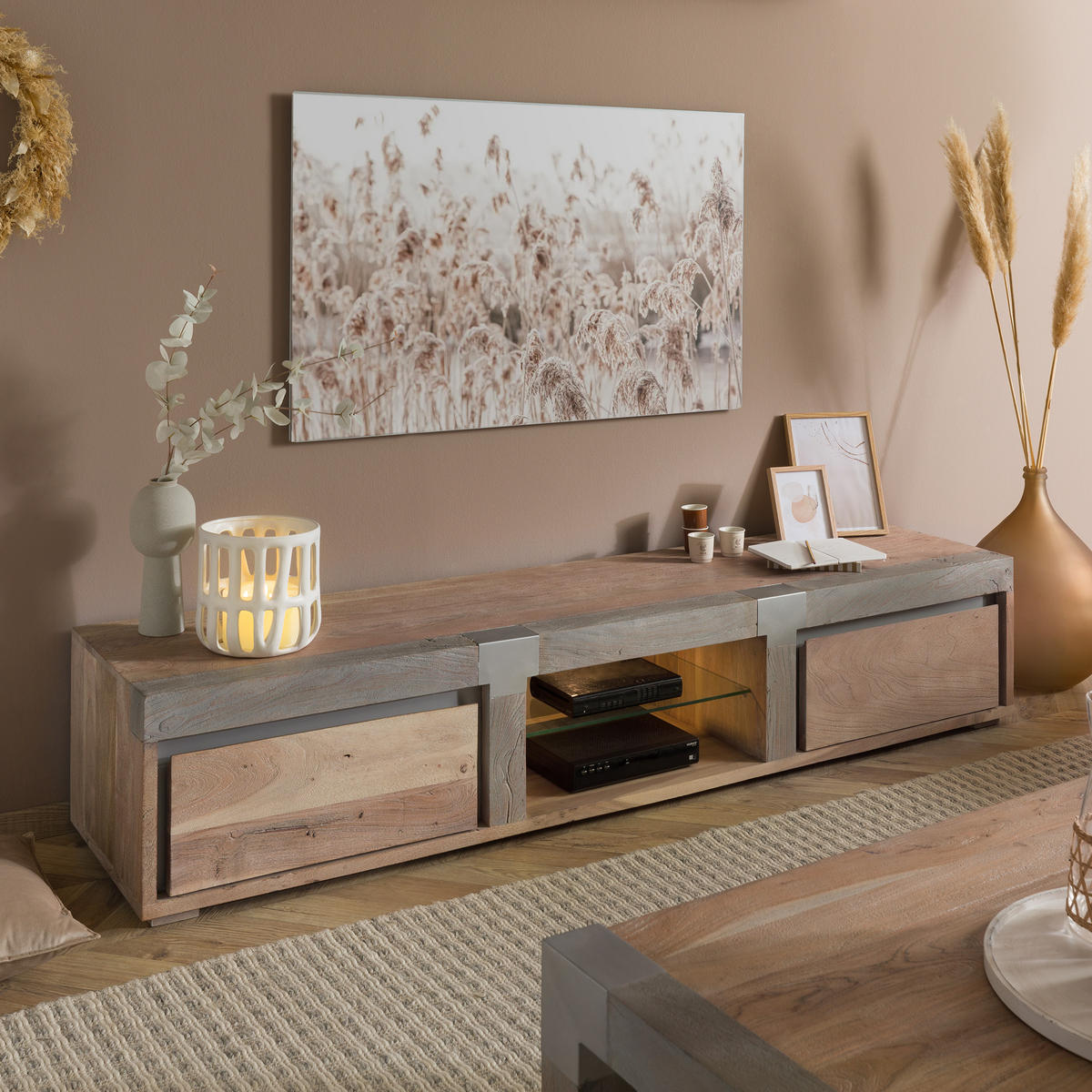 TV-BOARD Akazie 205x48x39 beige lackiert Amsterdam #102 - Beige, Holz (205/39/48cm) - Massivmoebel24