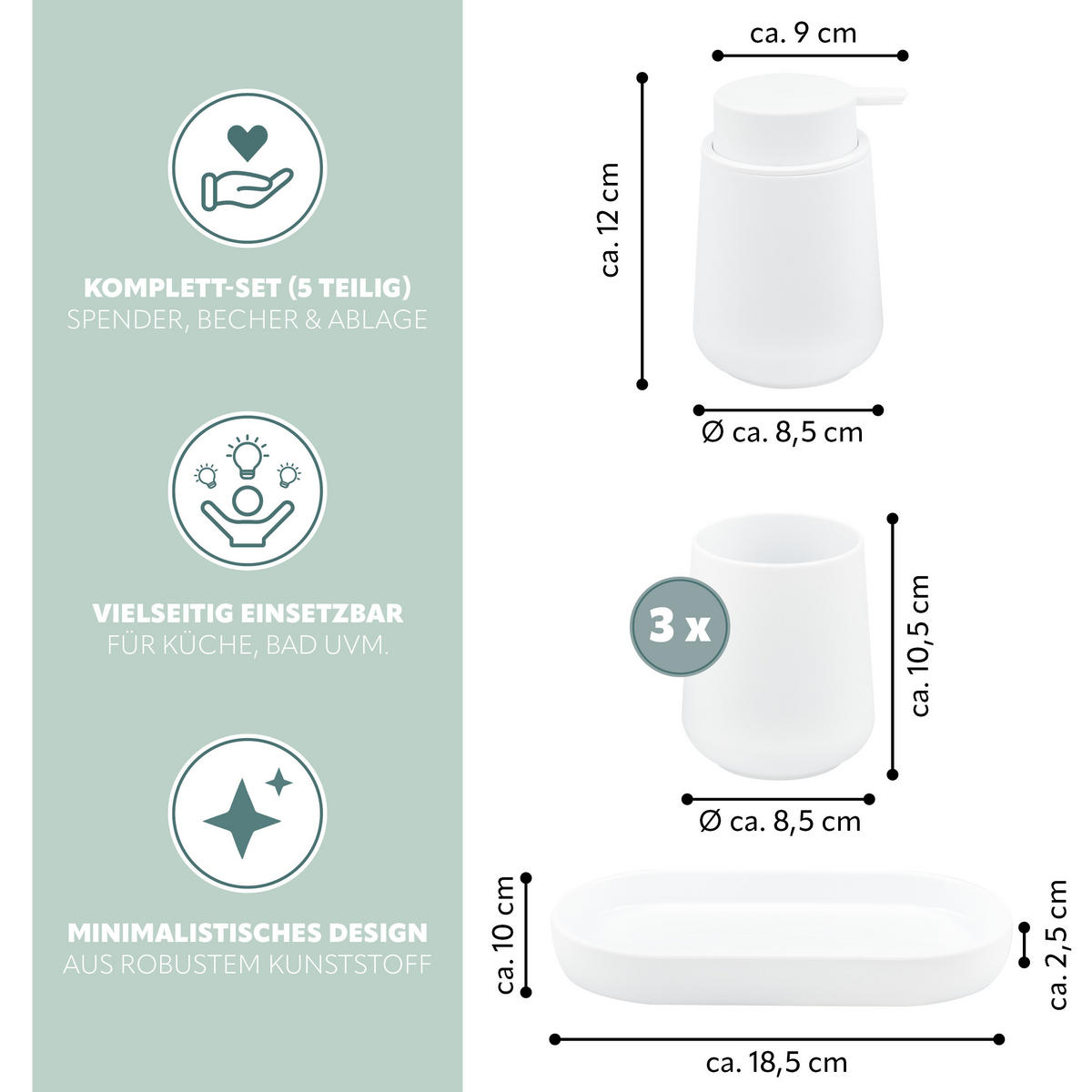 BAD-ACCESSOIRES-SET TESERO 5tlg., Soft-Touch, weiß - Weiß, Kunststoff (8.5/12/9cm) - eluno