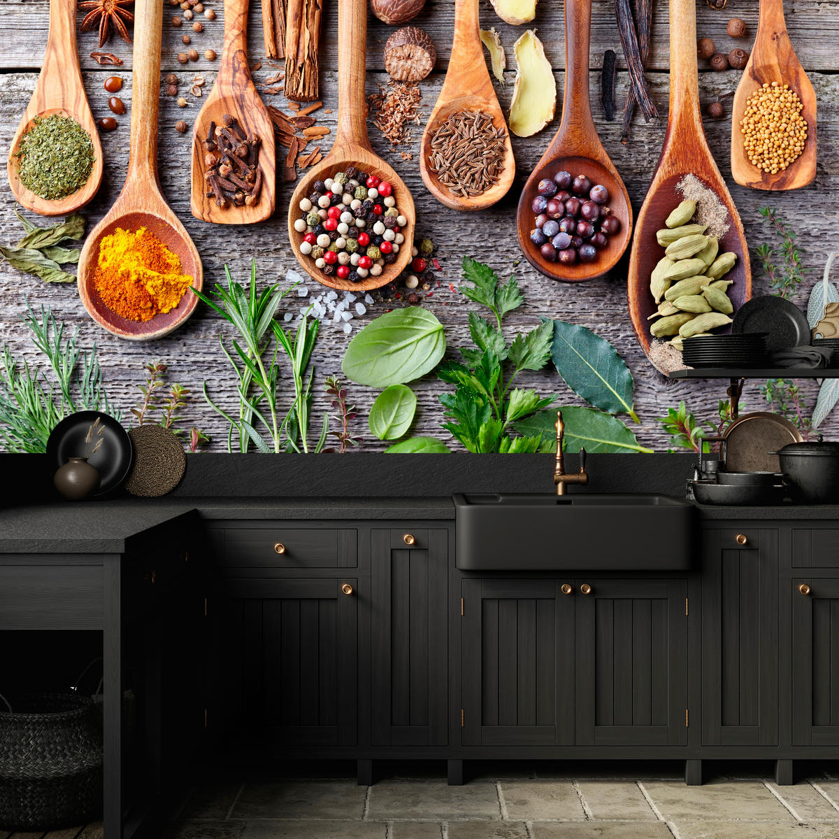 FOTOTAPETE für Küche Kräuter Gewürze Holzlöffel Tisch 200x140 - Gelb/Beige, Papier (200/140cm) - Muralo