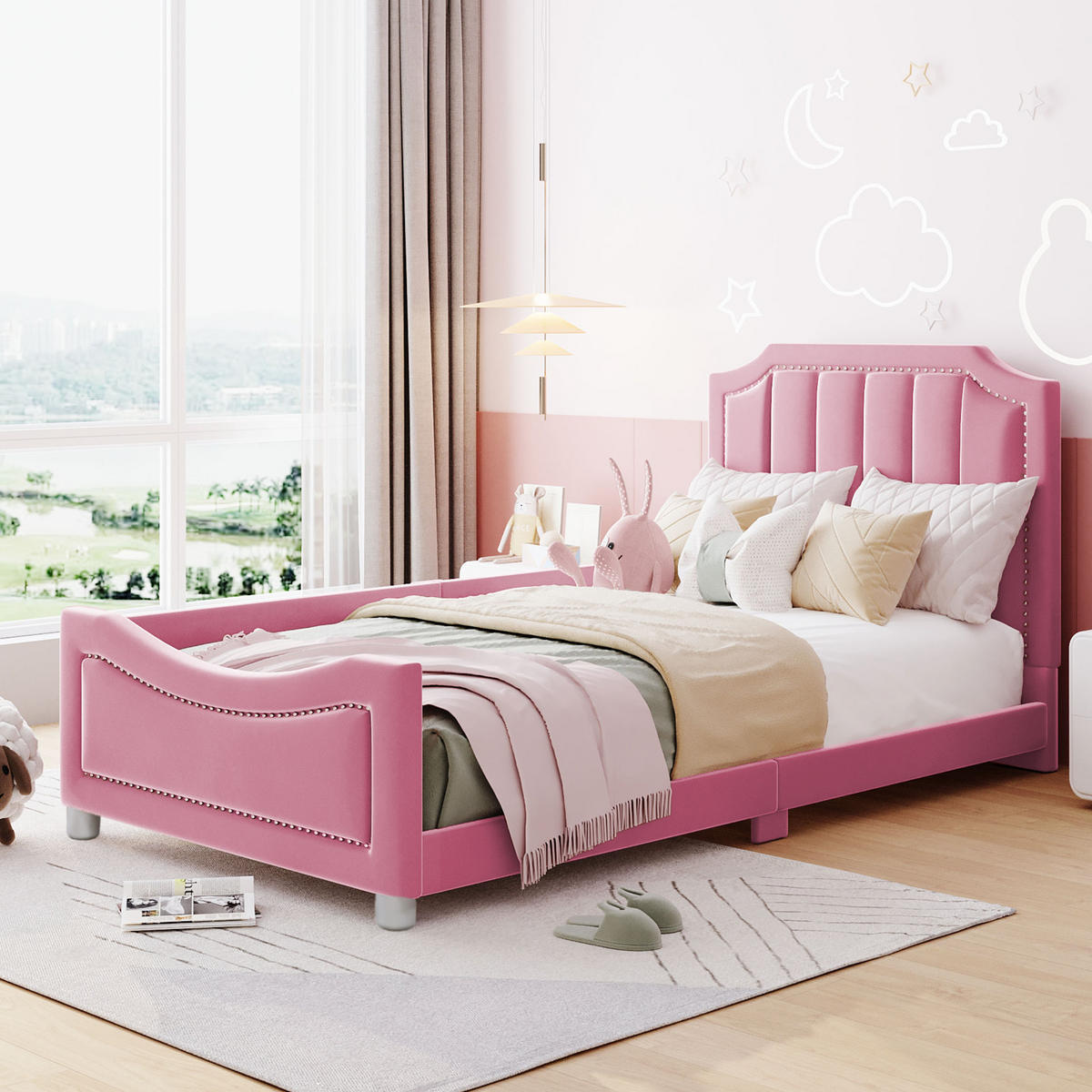 KINDERBETT 90/200 cm aus Holz mit Flanellbezug und Rückenlehne Rosa - Pink, Holz (90/200cm) - Modenvie