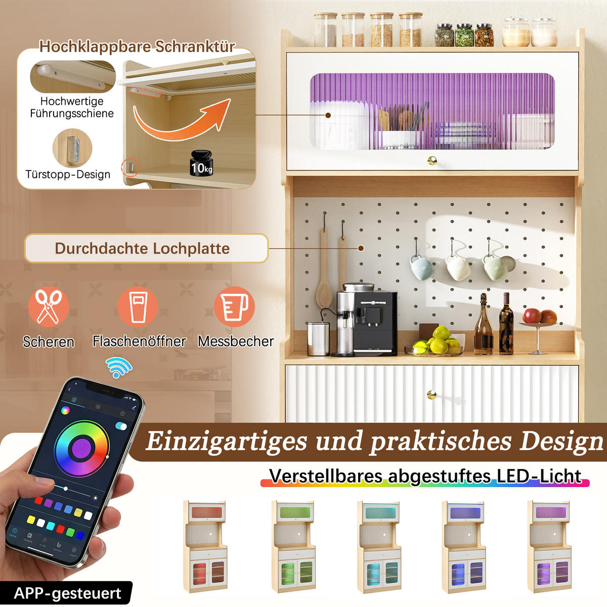 BUFFET Küchenschrank mit Glaselementen, Lochwand & Stauraumfunktion Weiß Mittelgroß Holzwerkstoff - Weiß/Naturfarben, Holzwerkstoff (80/180/40cm) - EVRYAE