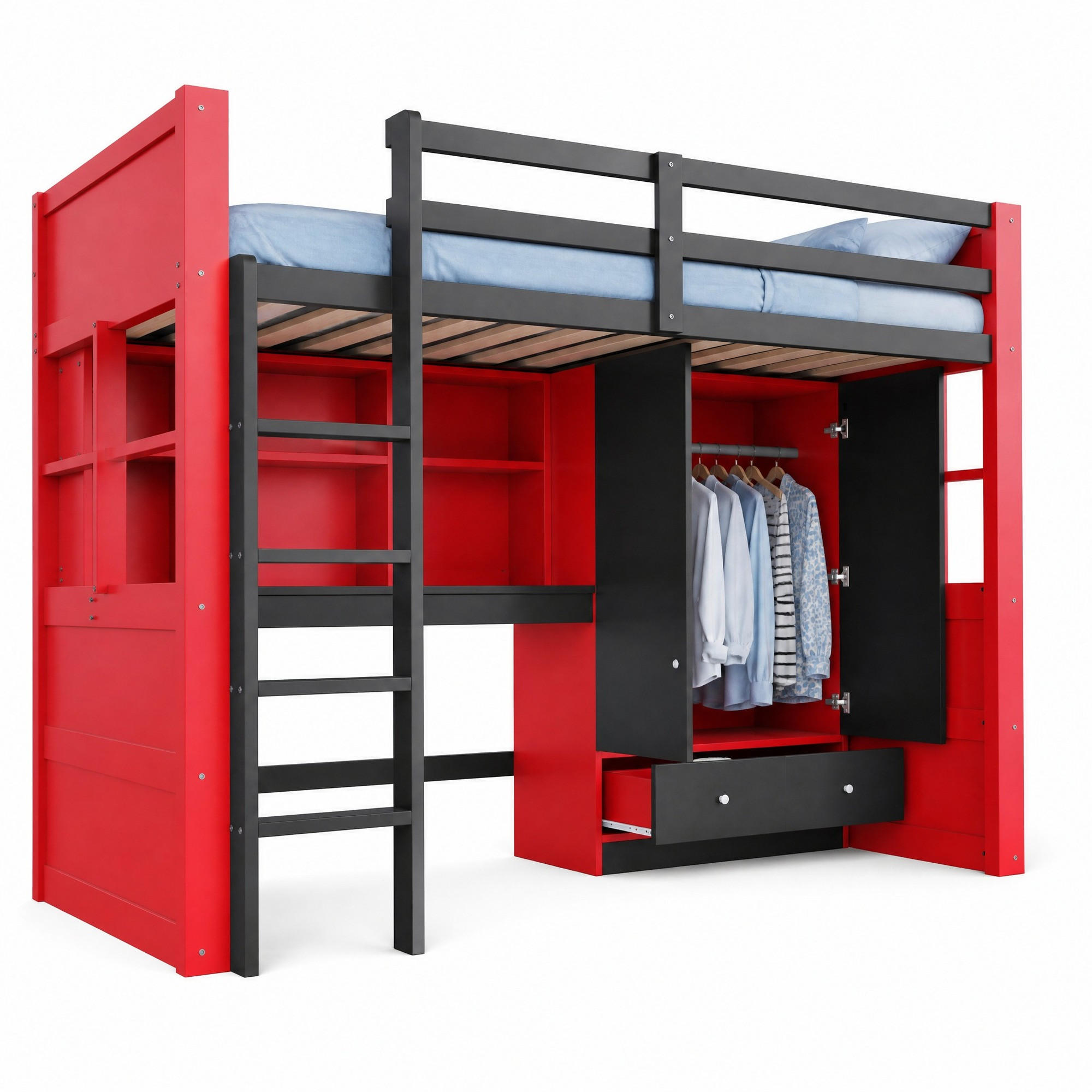 HOCHBETT 90/200 cm in Schwarz-Rot mit Schreibtisch, Stauraum und LED-Beleuchtung - Schwarz, Holz (90/200cm) - Flora Grace