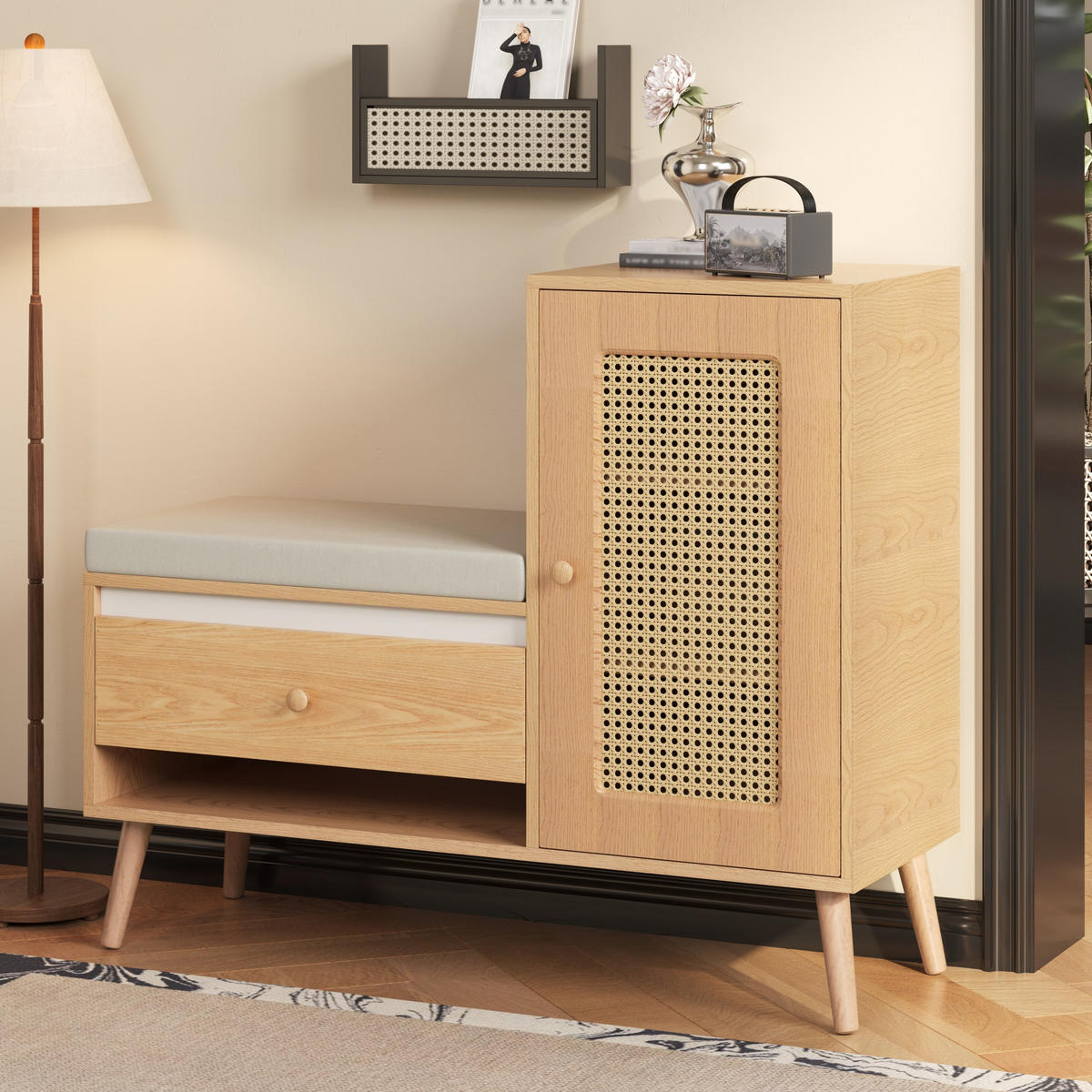 SCHUHSCHRANK Rattan Bank Sitzpolster Schubladen Stauraum - Naturfarben, Holz (95.5/80.5/35cm) - LEBENLANG