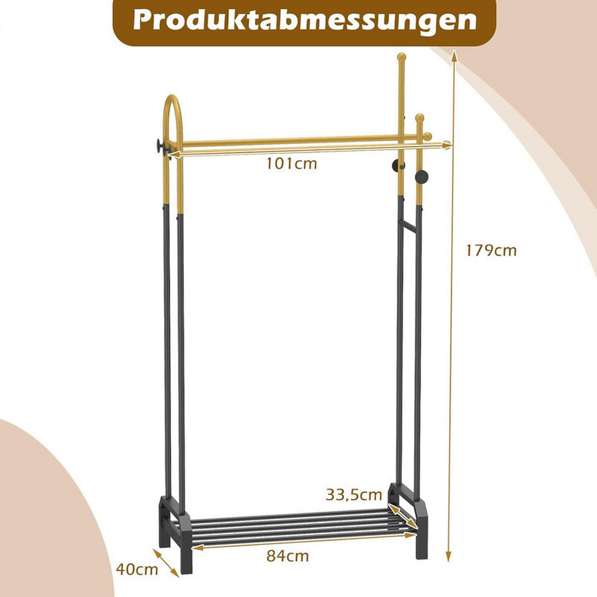 GARDEROBENSTÄNDER mit 5 Haken gold - Goldfarben, Metall (101/179/40cm) - COSTWAY