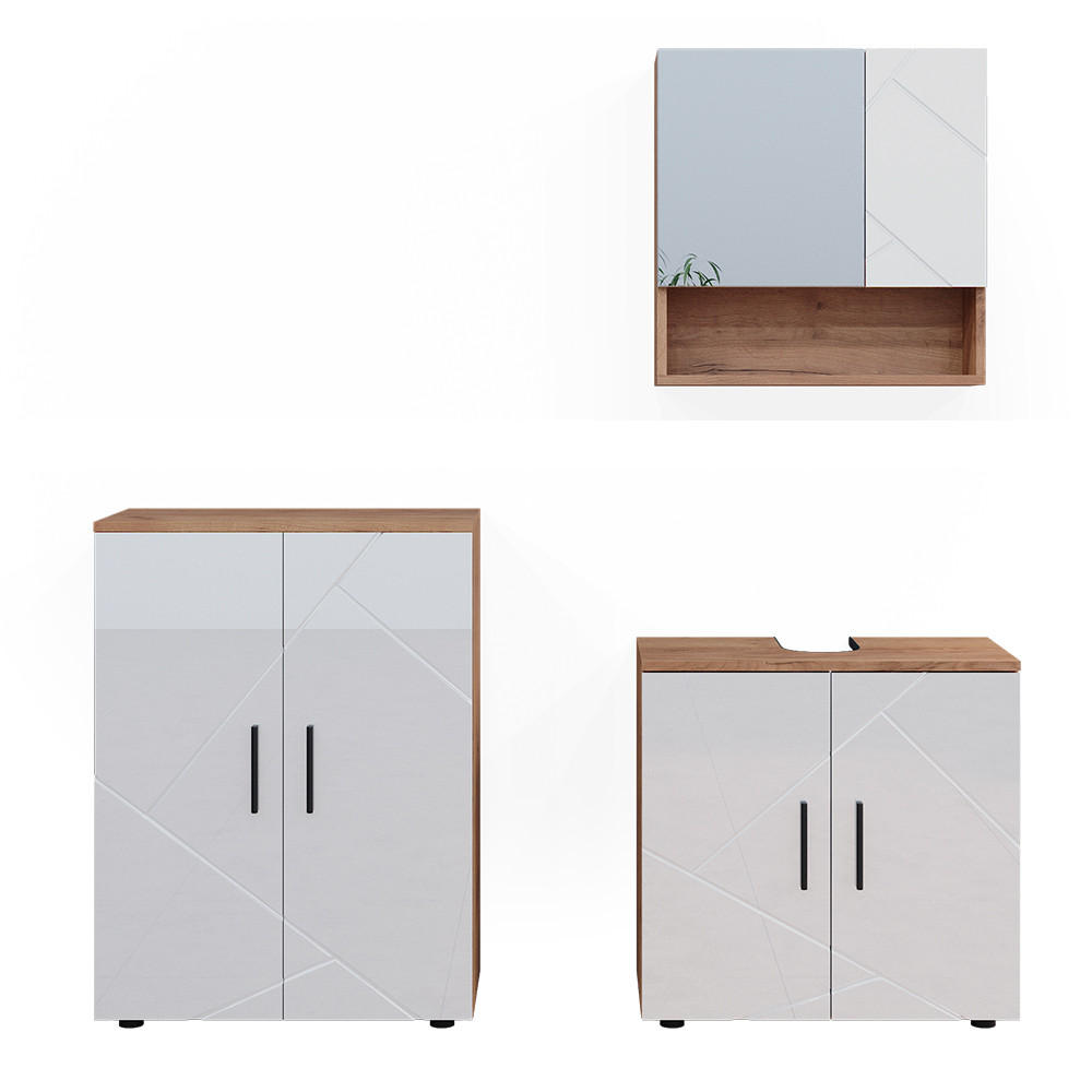 BADMÖBEL-SET Irma Weiß Hochglanz/Goldkraft Eiche 3 Teile mit Unterschrank 60 cm - Weiß Hochglanz/Eiche Wotan, Holzwerkstoff (80/58.6/41cm) - Vicco