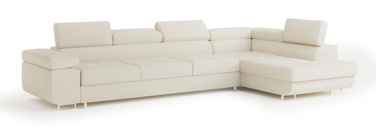 ECKSOFA VICENTE Creme Boucle-Stoff mit Schlaffunktion - Creme, Holz (346/202cm) - MASSENO