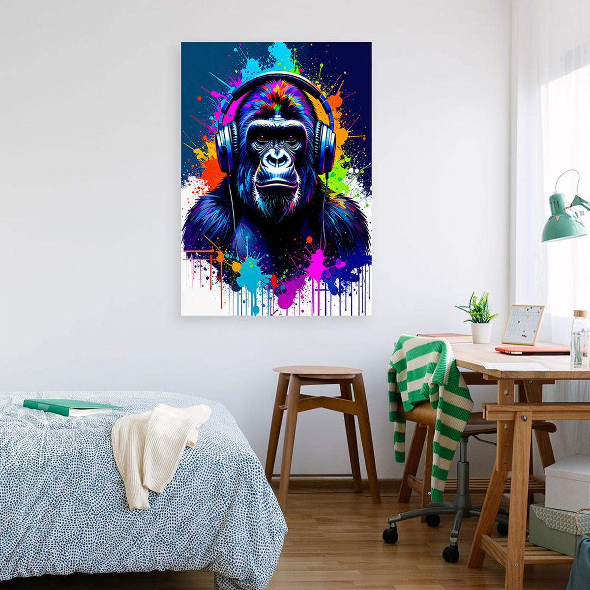 LEINWANDBILD Bunte Affe Musik Kopfhörer 80x120cm - Multicolor, Textil (80/120cm) - Feeby