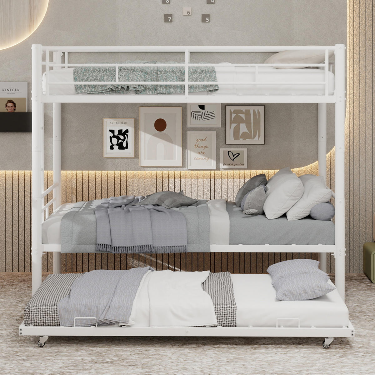 ETAGENBETT 90/200 cm Weiß mit Ausziehbett und Leiter - Weiß, Metall (90/200cm) - Oxeza