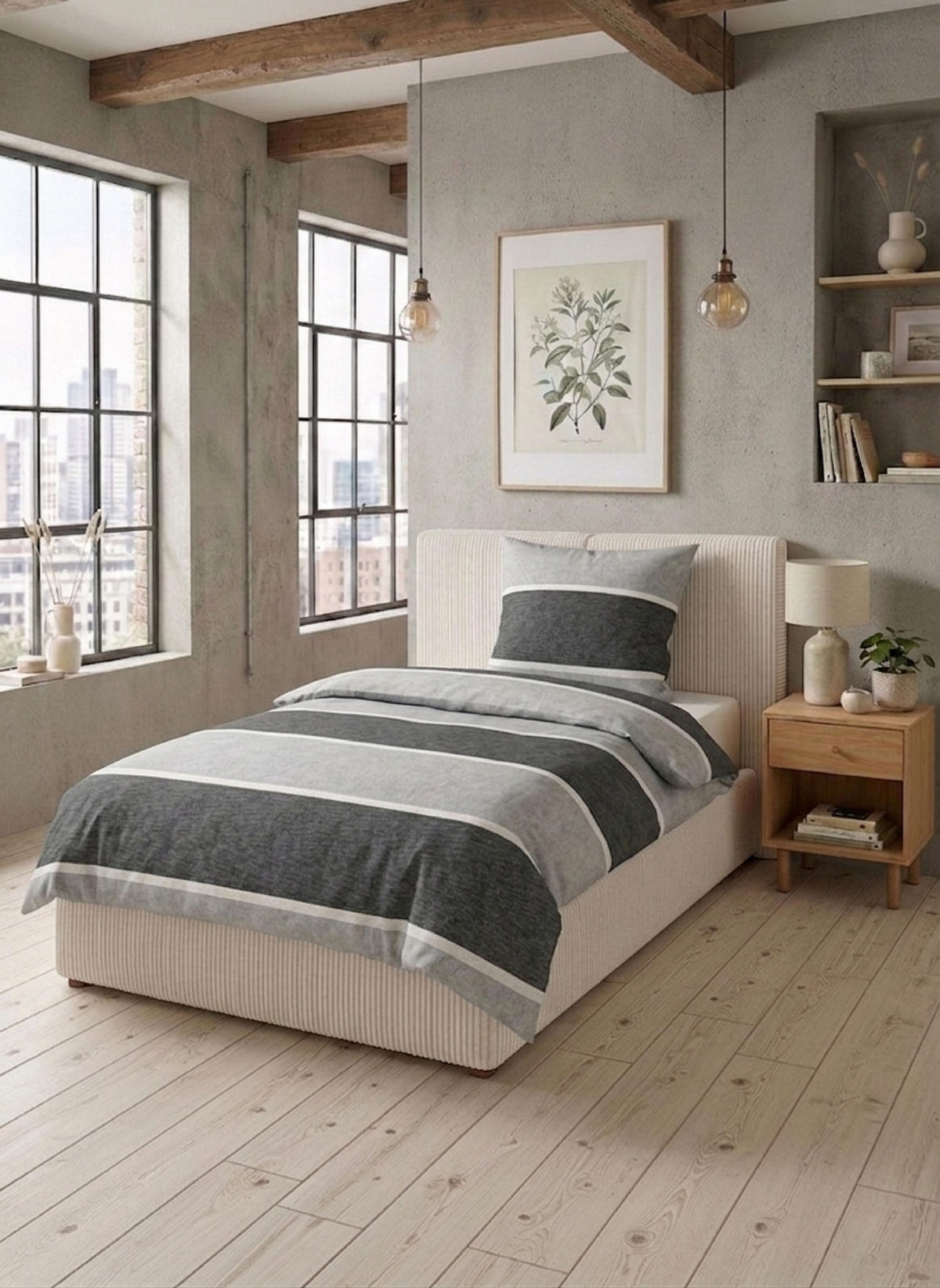 BETTWÄSCHE-GARNITUR Premium Melange Blockstreifen sturmgrau, 155x200 cm + 80x80 cm - Grau, Textil (155/200cm) - biberna