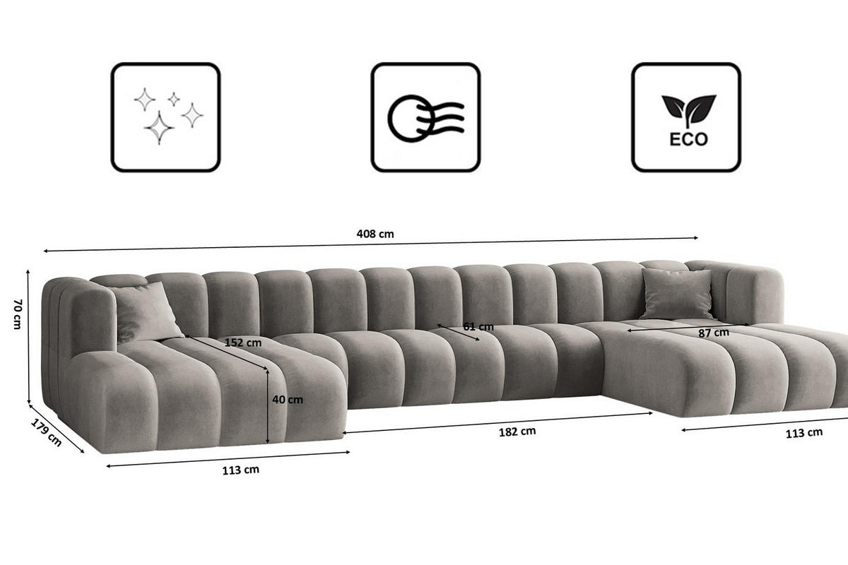 ECKSOFA, U-from, Sofa Grand U XL modular stoff Salvador Grau - Grau, Holz (179/408cm) - Kaiser Möbel