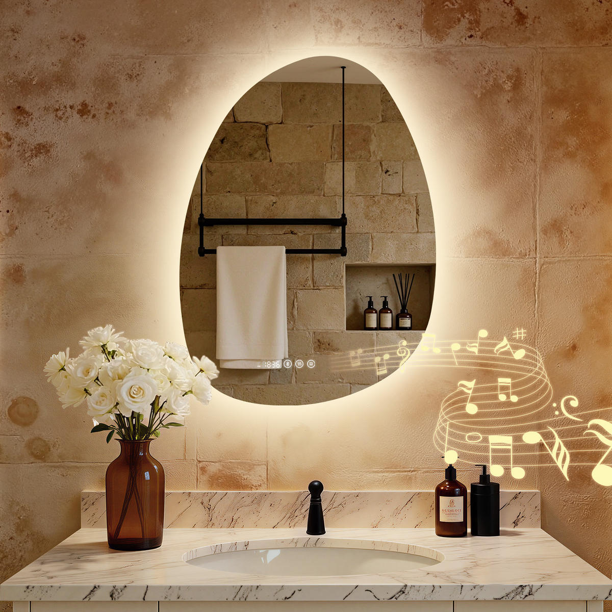 BADSPIEGEL MIT BELEUCHTUNG 75/55 cm asymmetrisch Bluetooth LED mit Antibeschlag - Transparent, Glas (55/75/3cm) - S'AFIELINA
