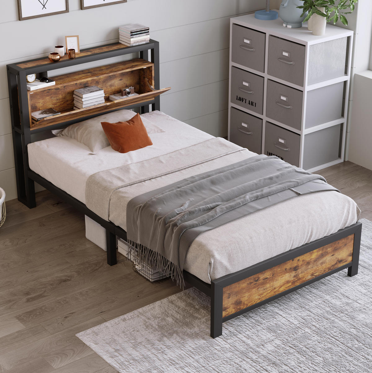 KOVOVÁ postel 90/200 cm kov a dřevo v přírodní barvě, s úložným čelem - přírodní, kov (90/200cm) - BEAOK