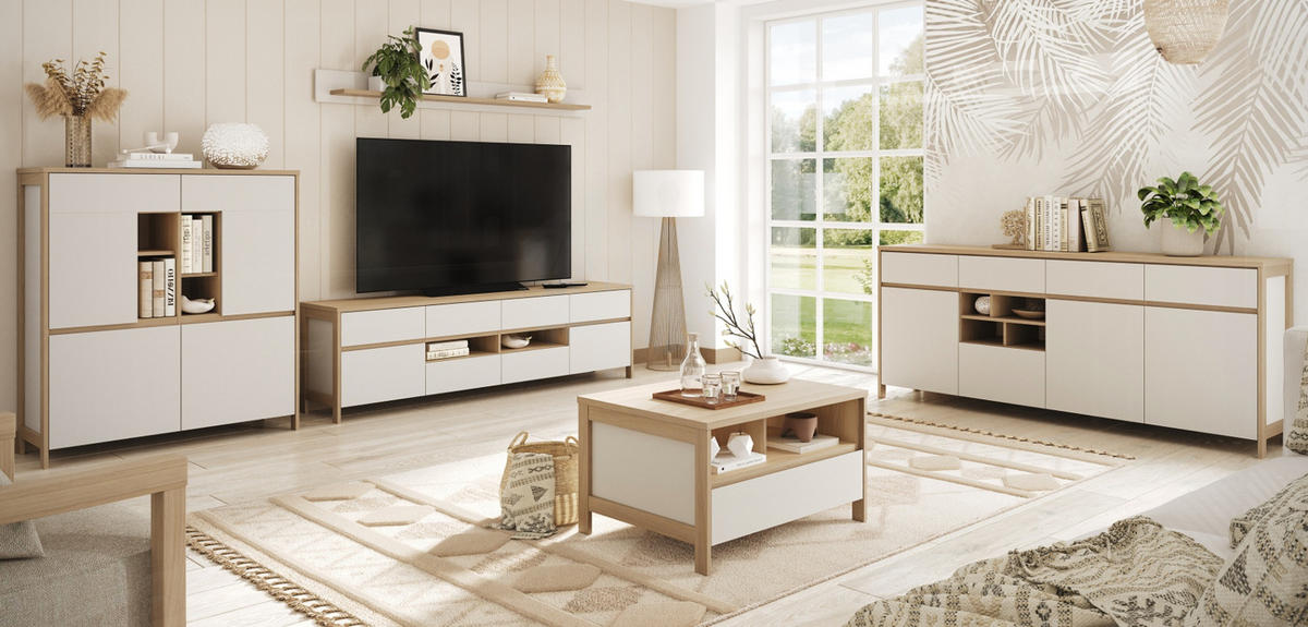 WOHNWAND weiß und Eiche Wohnkombination skandinavisch 3-teilig 319 cm, Soft-Close, Finnes - Eichefarben/Weiß, Glas/Holzwerkstoff (319/170/39cm) - Furn.Design