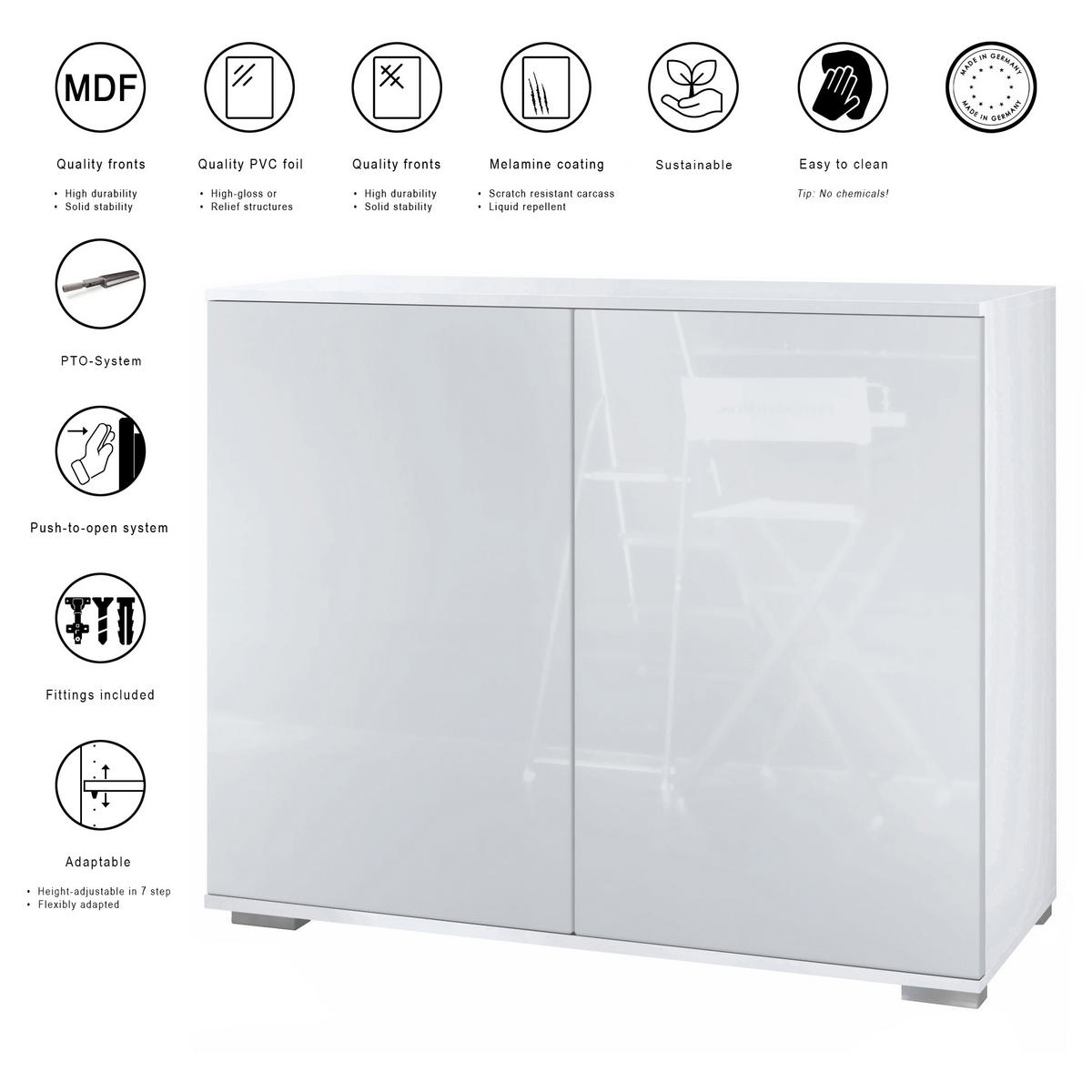 KOMMODE Skadu Grau Hochglanz - Grau, Holzwerkstoff (92.5/75.5/35cm) - Vladon