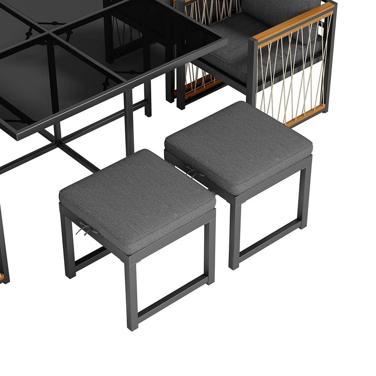 DINING-LOUNGESET für 6 Personen mit Tisch aus gehärtetem Glas - Schwarz, Metall - KOMHTOM