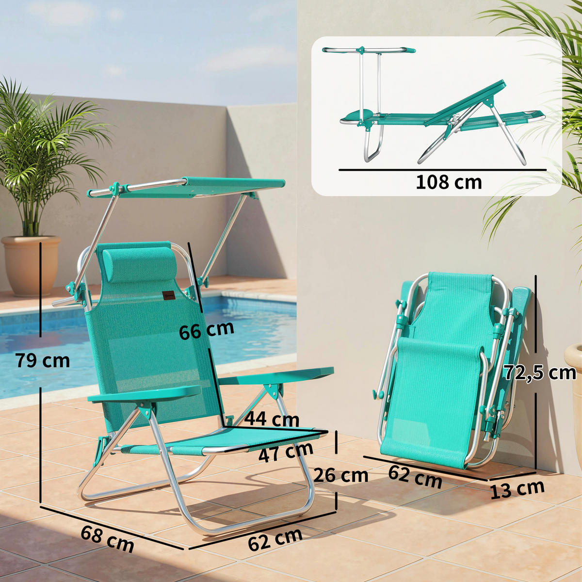 SONNENLIEGE Set aus 2 klappbaren Strandstühlen – Türkis,68*62*79cm - Grün, Metall (62/79/68cm) - Vallsero