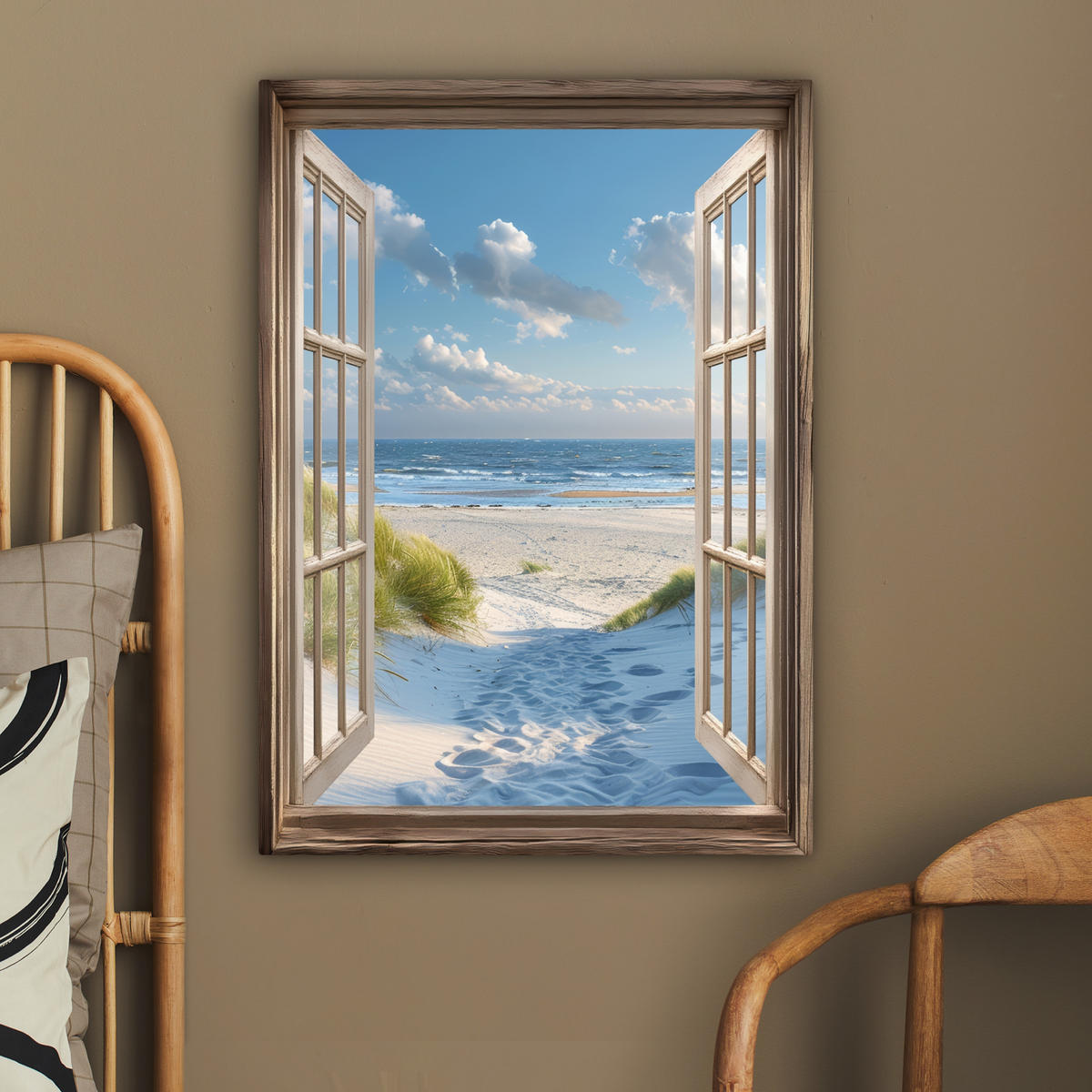 LEINWANDBILD Aussicht - Strand - Fenster - Dünen - Meer 60x80 cm - Hellblau, Textil (60/80cm) - MuchoWow
