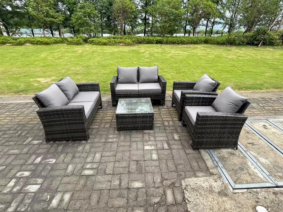GARTENSOFA SET mit Couchtisch Polyrattan Dunkelgrau 6-Sitzer - Dunkelgrau, Metall - Fimous