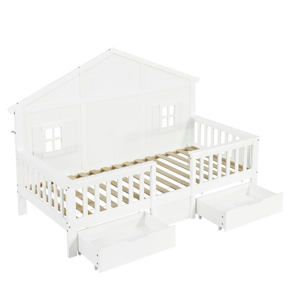 KINDERBETT 90/200 cm Weiß aus Kiefer und MDF mit Dach, Fenstern und 2 Schubladen - Weiß, Holz (90/200cm) - OKWISH