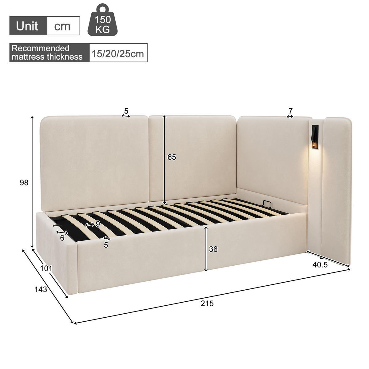 POLSTERBETT aus Samt 90x200 cm in Beige mit Stauraum & USB/Typ-C - Beige, Textil (90/200cm) - Modfu