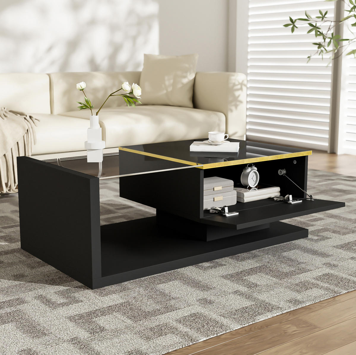 COUCHTISCH aus Spanplatte und Glas 90x50x32,5 cm in Schwarz mit LED-Beleuchtung - Schwarz, Holzwerkstoff (90/50/32.5cm) - Modfu