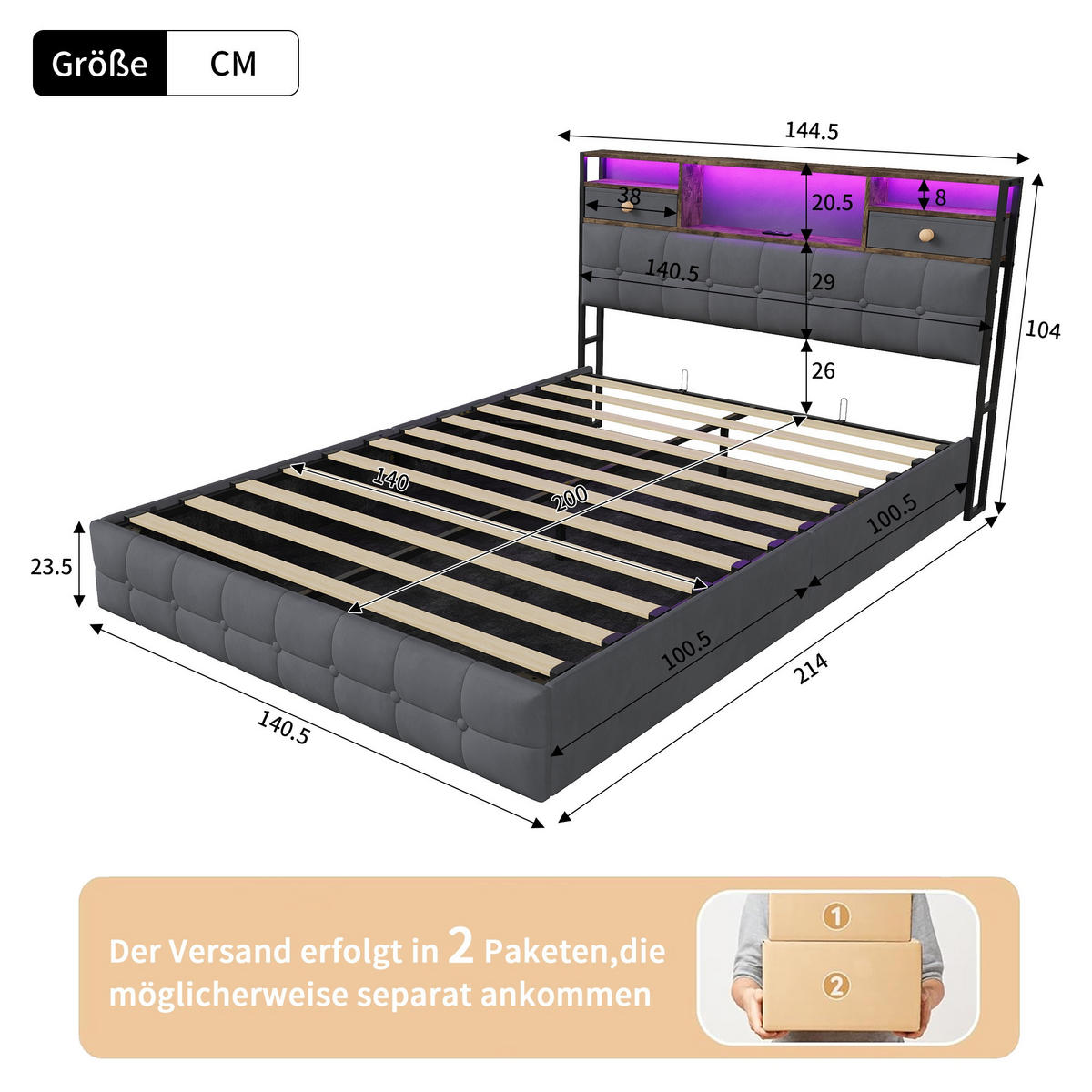 BETT mit hydraulischem Bettkasten, 140/200 cm, mit Samtbezug, LED-Beleuchtung und USB-Anschlüssen, Grau - Grau, Textil/Metall (140/200cm) - Waldena