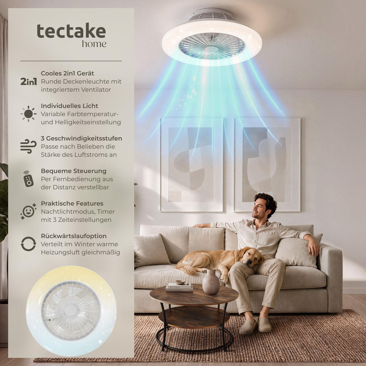 LED DECKENLEUCHTE MIT VENTILATOR Storm, Ø 50 cm, mit Fernbedienung, weiß - Weiß, Metall (50/50/17.5cm) - tectake