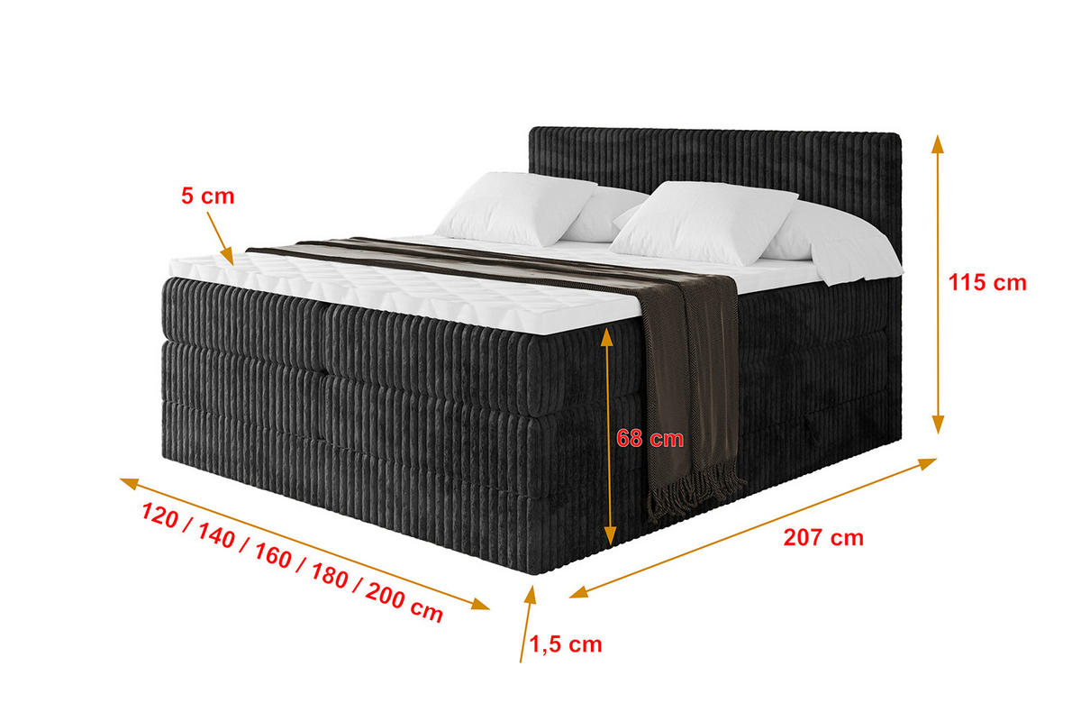BOXSPRINGBETT mit Matratze H3|H4 und Lattenrost - TOLO KING 180x200 Cord - Schwarz - Schwarz, Holzwerkstoff (180/200cm) - ALTDECOR