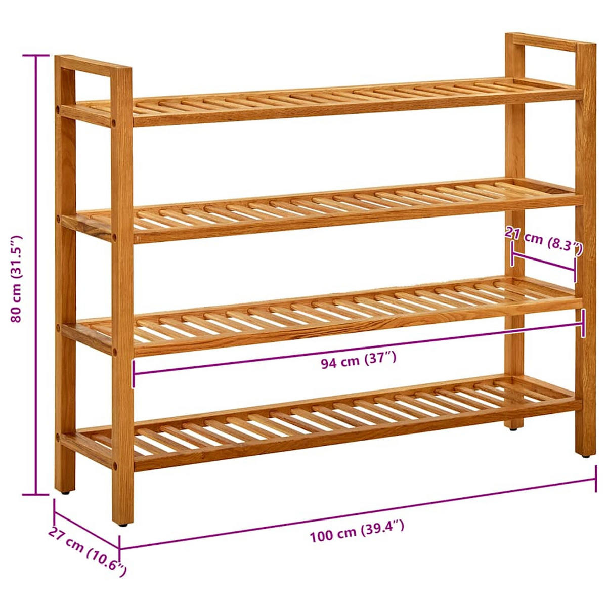 SCHUHREGAL Mit 4 Etagen 100/27/80 Cm Massivholz Eiche - Braun, Holz (100/80/27cm) - vidaXL