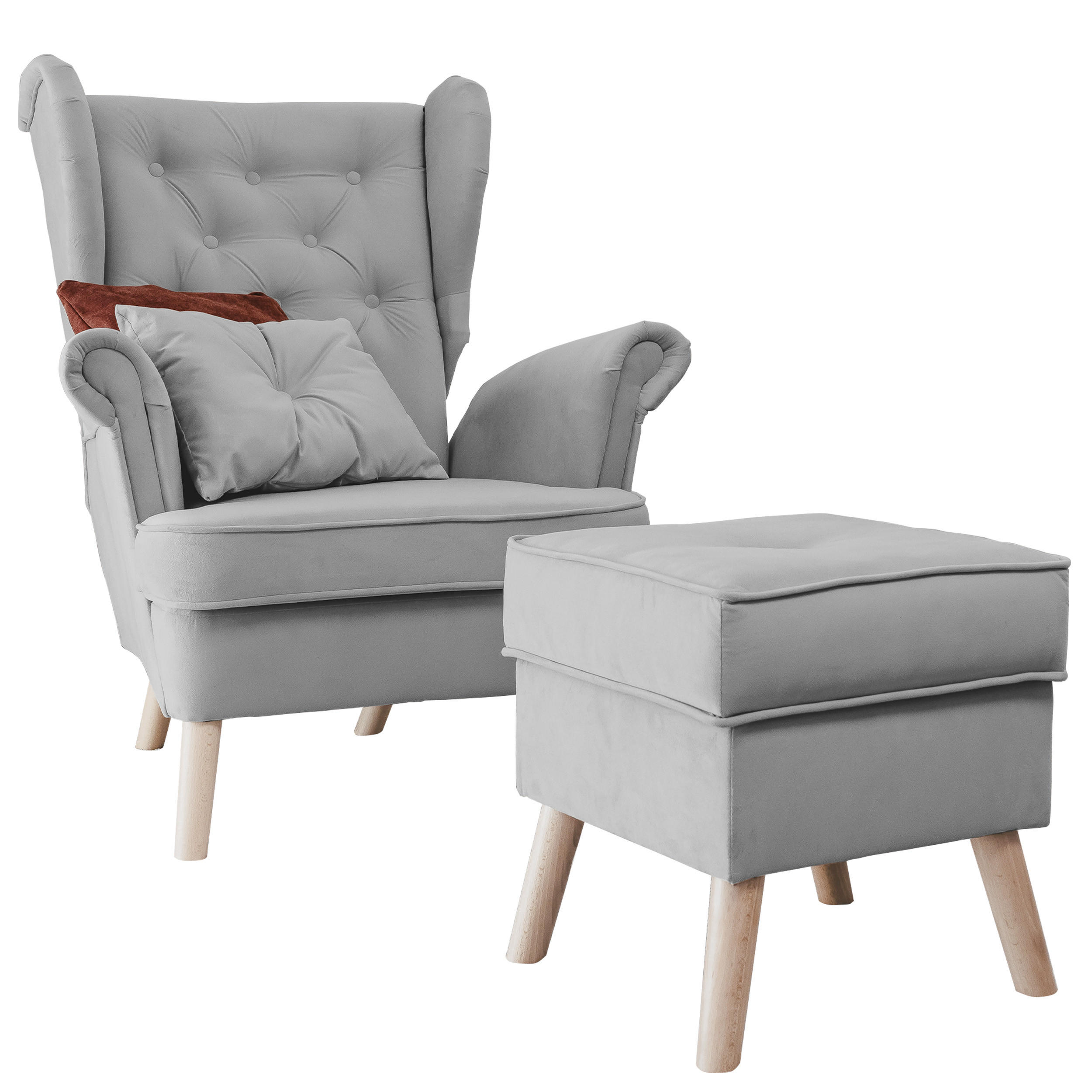 SESSEL mit Fußhocker Classic - Hellgrau, Holz (92/107/80cm) - Idohome
