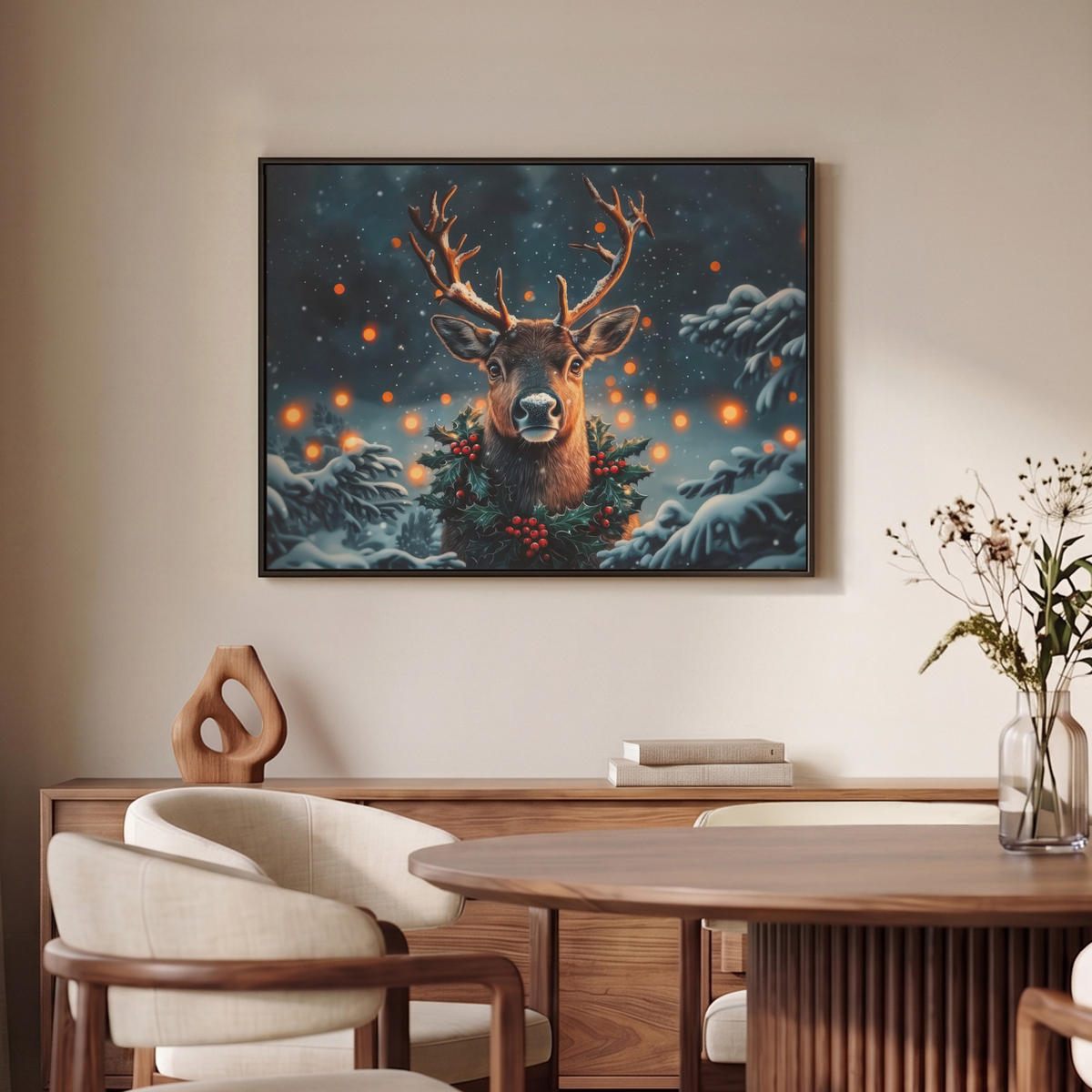 LEINWAND Bilder mit Rahmen - Hirsch - Weihnachten - Winter - Schnee - Weihnachtskranz - 70x50 - Dunkelbraun, Textil (70/50cm) - MuchoWow