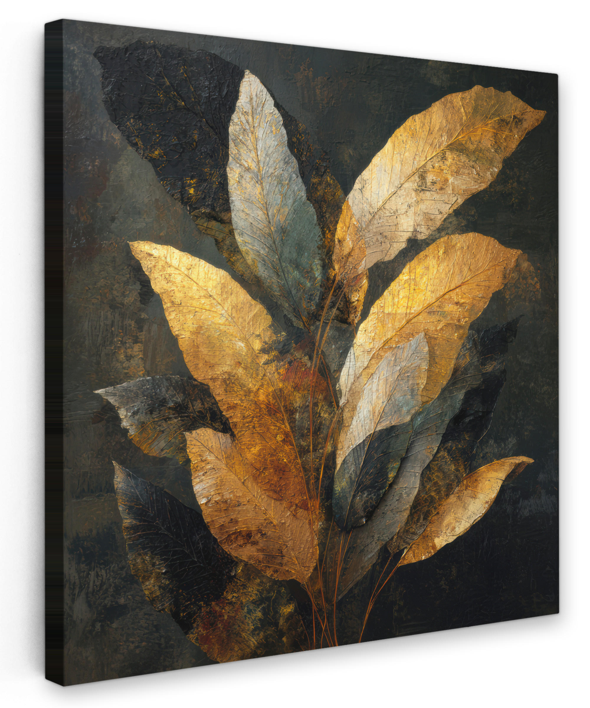 LEINWANDBILD Golden Leaf Komposition - Botanical Luxury Wandbild Wohnzimmer 50x50 cm - Goldfarben/Schwarz, Textil (50/50cm) - MuchoWow