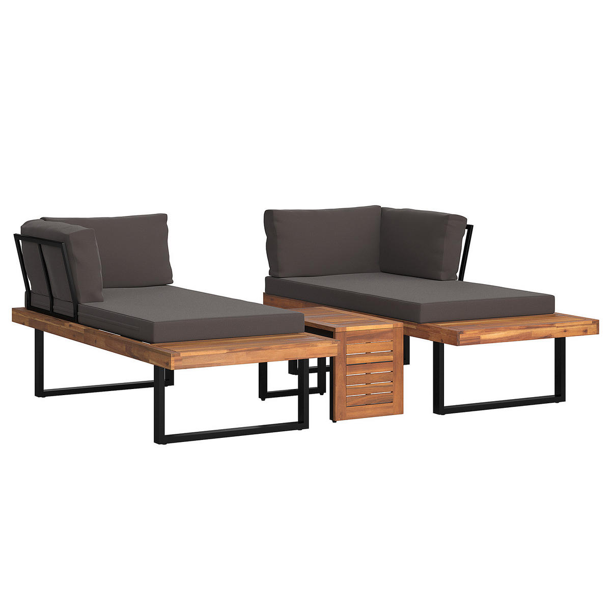 LOUNGESET - Akazie massiv / Polyester - Braun / Grau - 3-teilig - Grau, Holz/Textil - home24