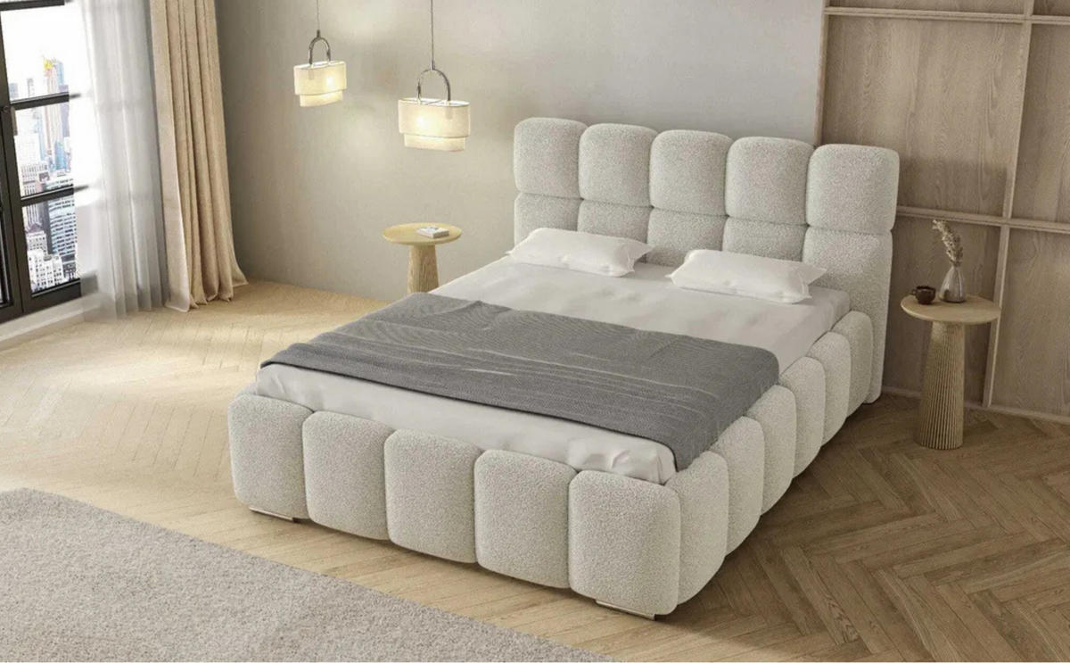 POLSTERBETT LUNA mit Kopfteil, 200 x 200 cm, Doppelbett mit Bettkasten und Lattenrost aus Metall, Boucle Stoff: Beige - Beige, Holz/Textil (200/200cm) - Agmat-Furniture