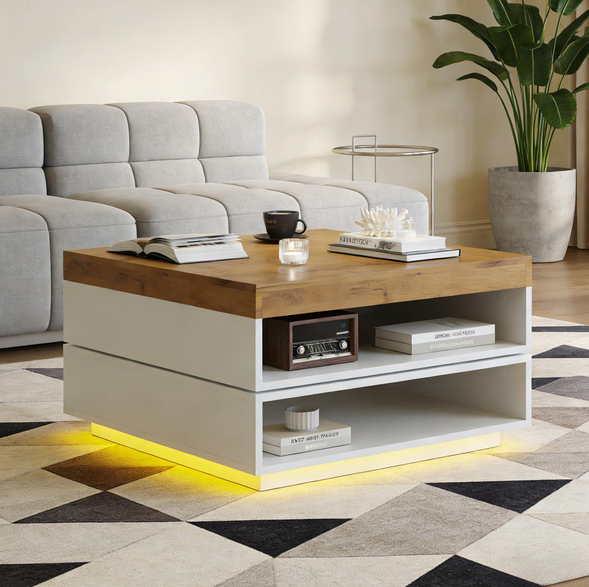 KONFERENČNÍ stolek, 65/65/40 cm, MDF bílá a dubový dekor, otočná deska s LED - bílá, kompozitní dřevo (65/65/40cm) - BEAOK