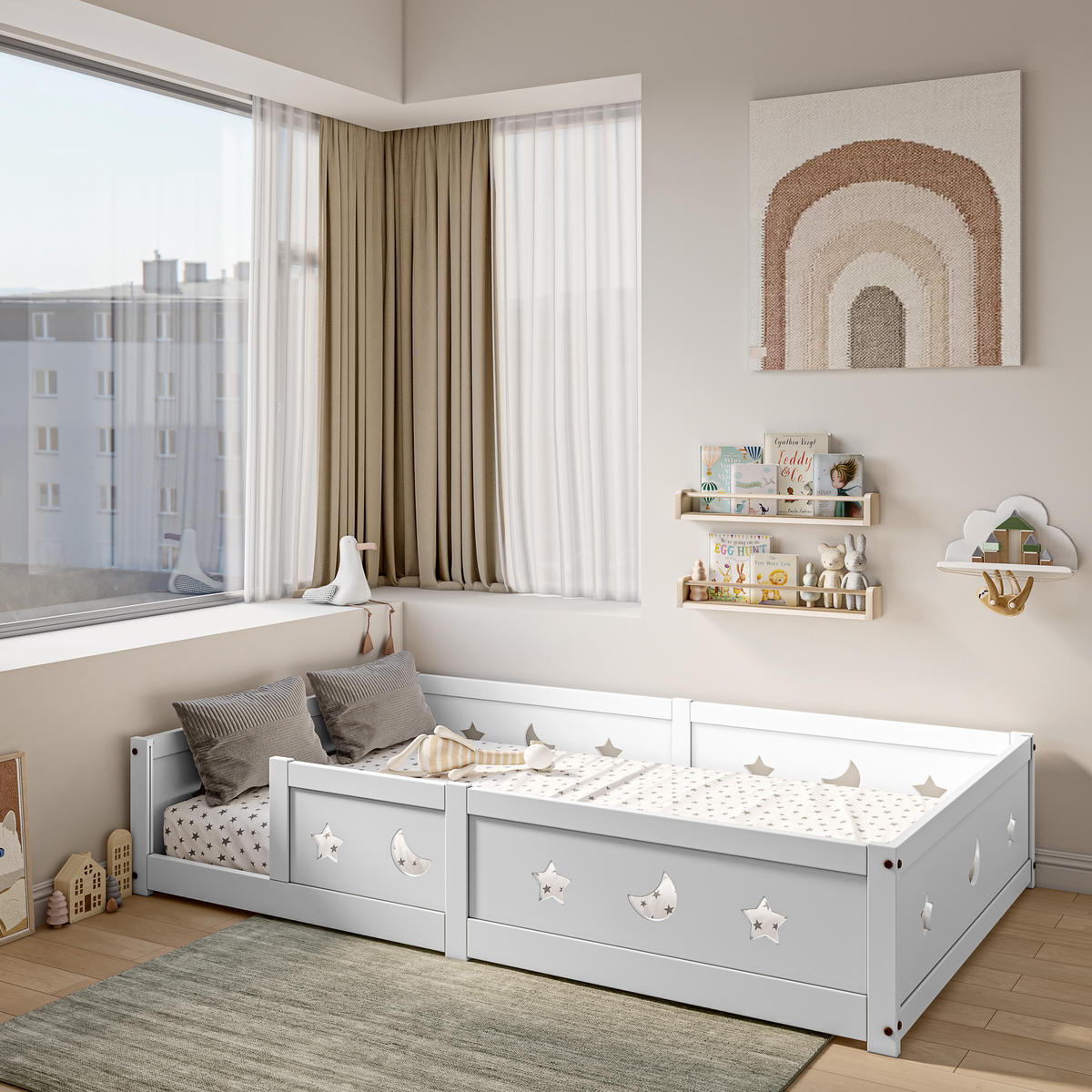KINDERBETT 120x200 cm Massivholz Lattenrost Stern Mond weiß - Weiß, Holz (120/200cm) - LEBENLANG