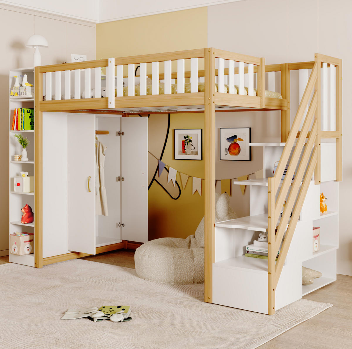 HOCHBETT 90/200 cm mit Kleiderschrank, Regalen und Sicherheitsleiter mit Stauraum, Weiß/Natur - Weiß, Holzwerkstoff (90/200cm) - Redom