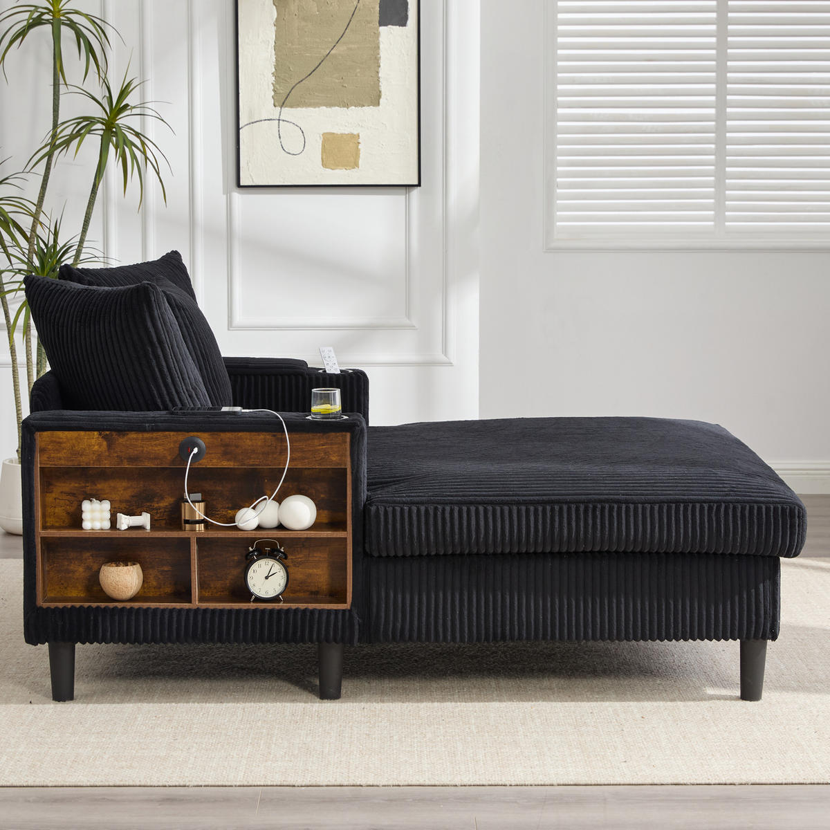 CHAISELONGUE mit LED, USB und Stauraum 129 x 170 x 70 cm Cord Black - Schwarz, Holz (170/70/129cm) - Meubliv