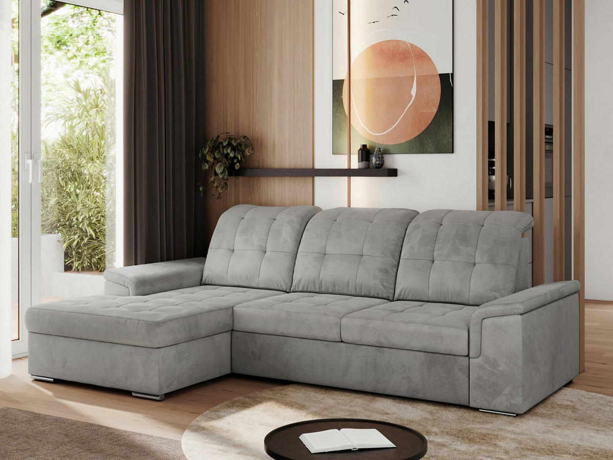 ECKSOFA MADRITO L - Hellgrau Velorus - Links - Silberfarben/Hellgrau, Textil/Metall (160/256cm)