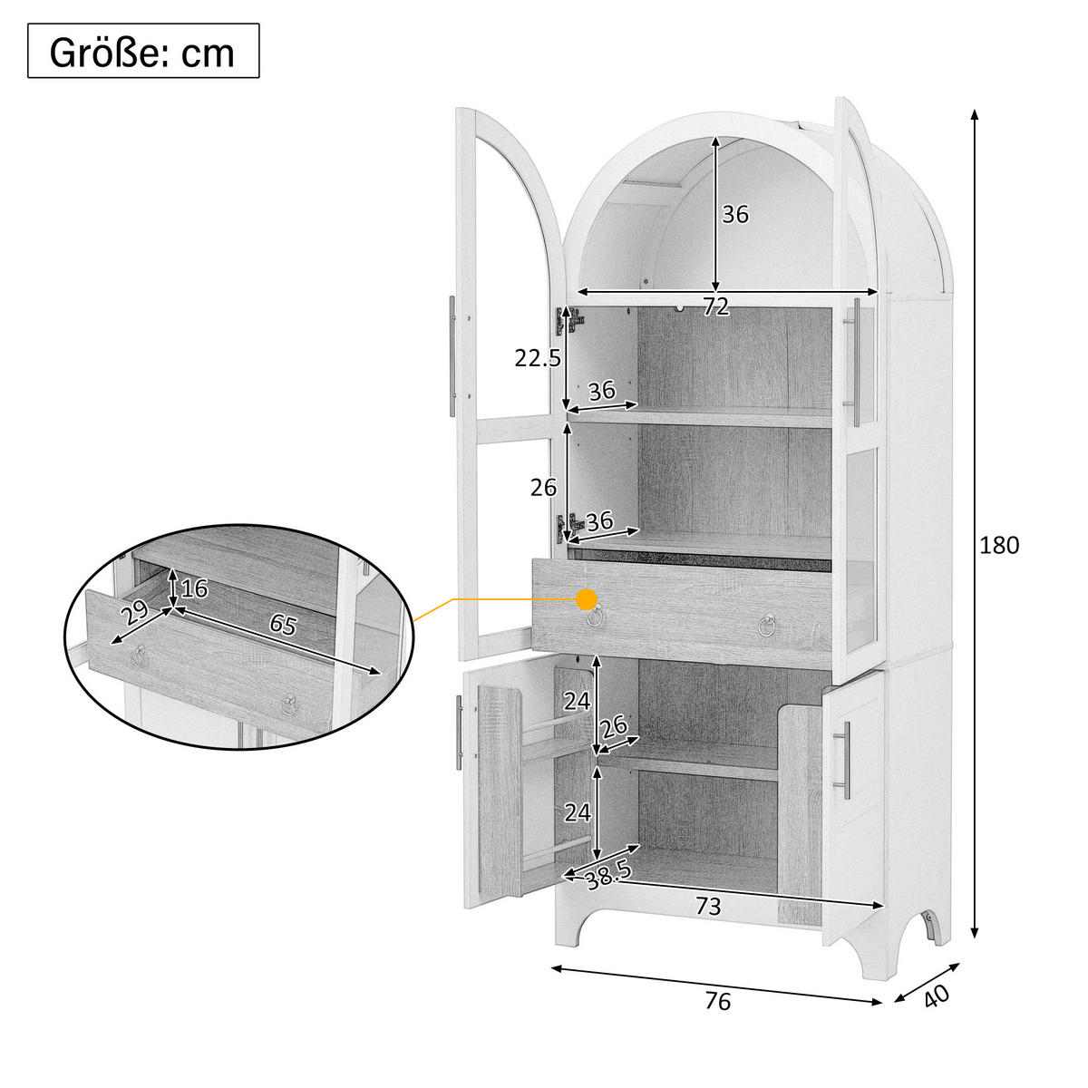 HIGHBOARD mit Riffelglas & Schubladen 180cm - Weiß, Holzwerkstoff (76/180/40cm) - Urban Meuble