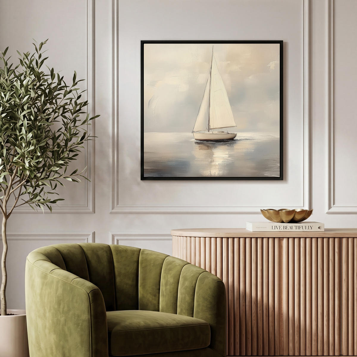 LEINWAND Bilder mit Rahmen - Segelschiff - Meer - Bewölkt - 50x50 - Creme, Textil (50/50cm) - MuchoWow