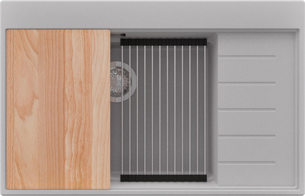 SPÜLBECKEN Sydney, 2-er set Grau 78/50 cm 1 Becken + Ablauf-Set + Küchenzubehörset ab 60er Unterschrank - Chromfarben/Beige, Kunststoff (78/20/50cm) - Primagran