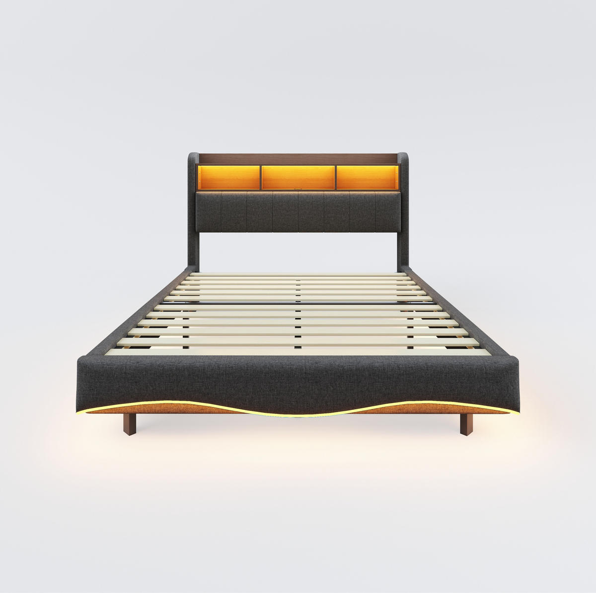 POLSTERBETT 140/200 cm Grau mit Stauraum, LED-Beleuchtung und USB-/Type-C - Grau, Textil (140/200cm) - Flora Grace