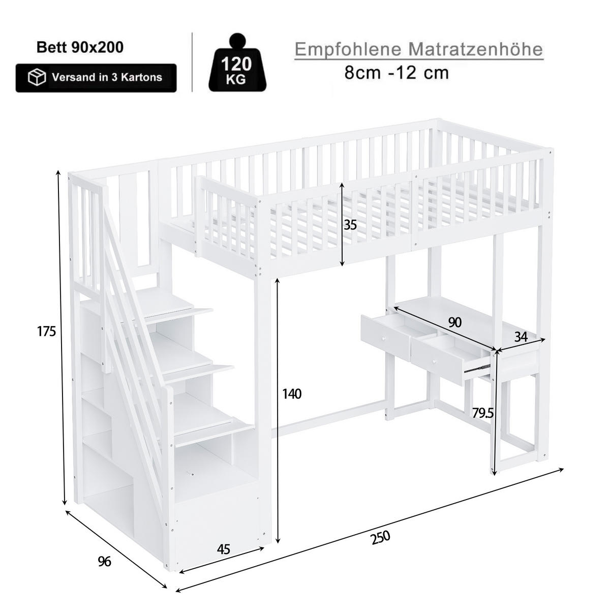 HOCHBETT 90/200 cm weiß aus Kiefernholz mit Tisch und Aufbewahrungstreppe - Weiß, Holzwerkstoff (90/200cm) - OKWISH