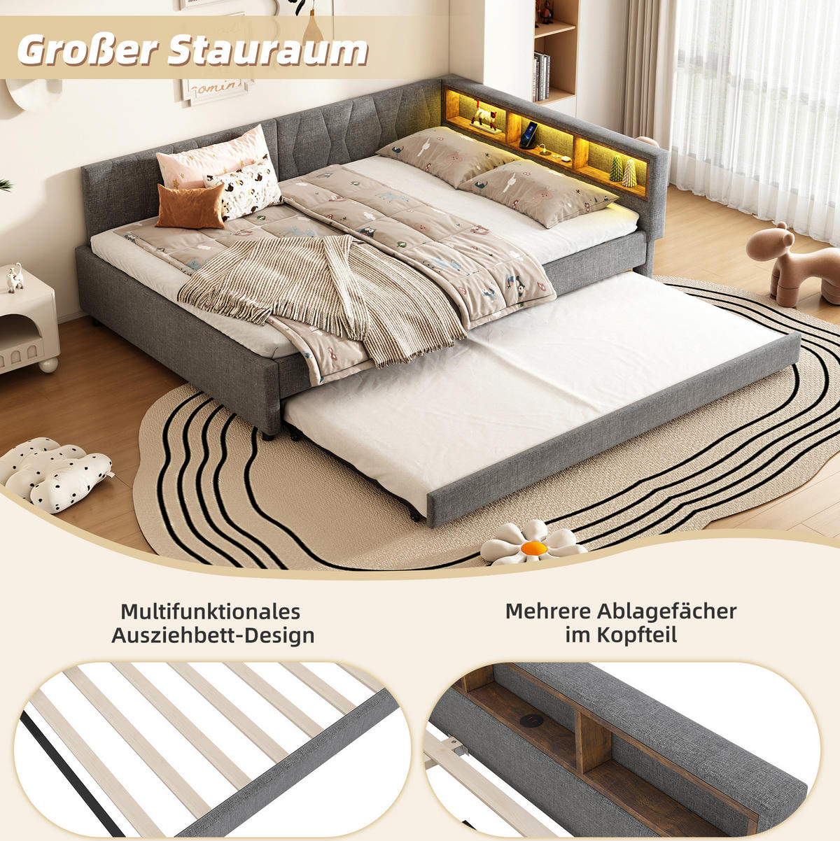 POLSTERBETT 140/200 cm mit LED-Beleuchtung, USB-C und ausziehbarem Gästebett - Grau, Textil (140/200cm) - BEAOK
