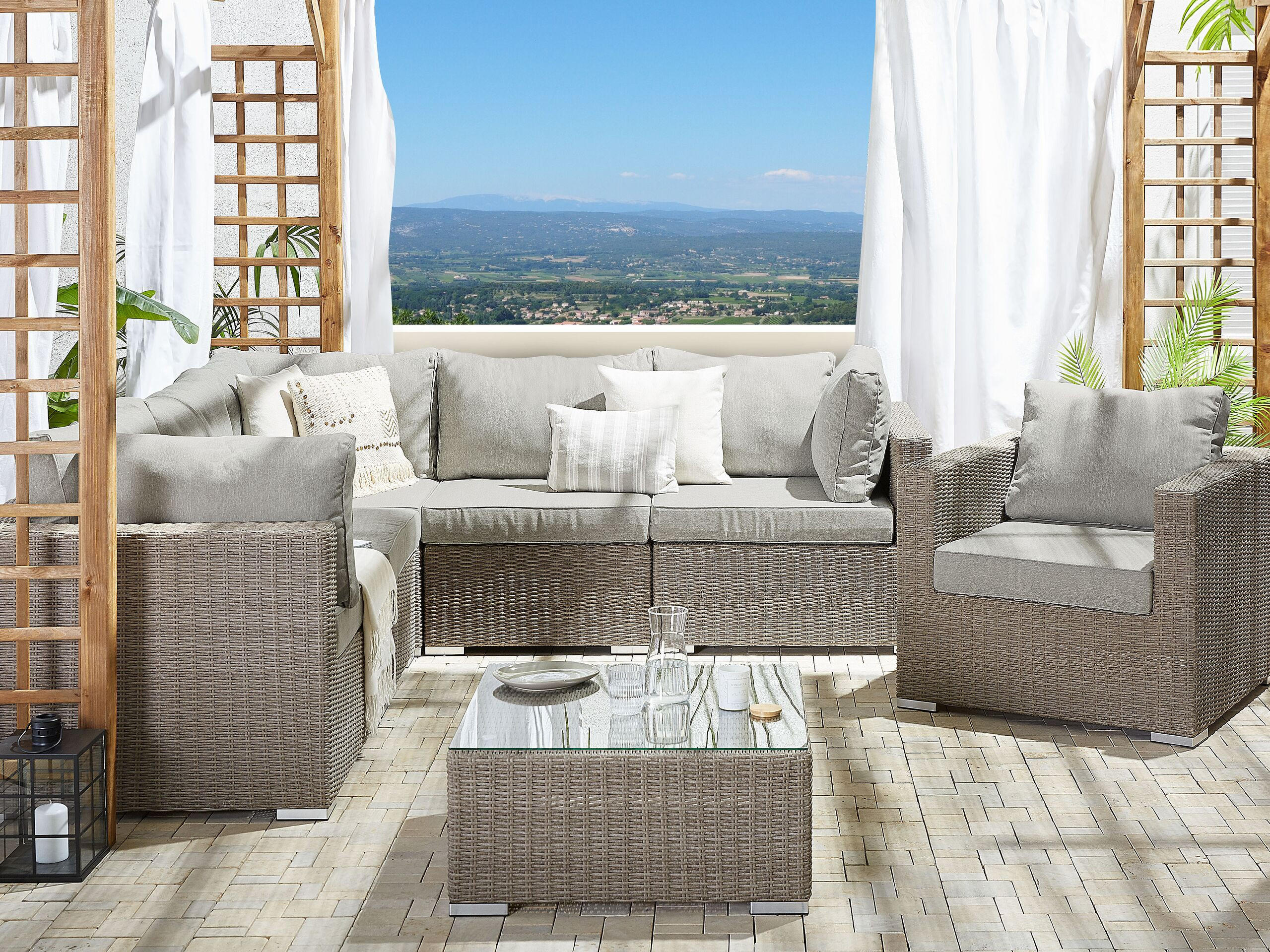 LOUNGE SET 6-Sitzer taupe linksseitig modular Auflagen hellgrau Contare - Taupe, Kunststoff - Beliani